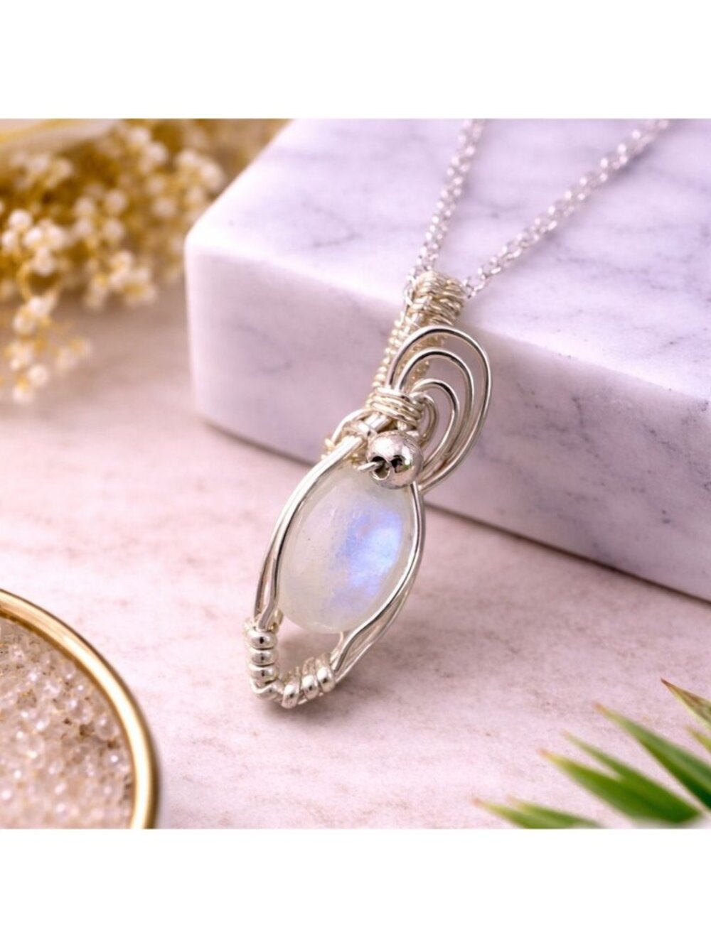 Blue Flash Moonstone Pendant Necklace With S925 Plated Chain Wire-Wrapped Copper